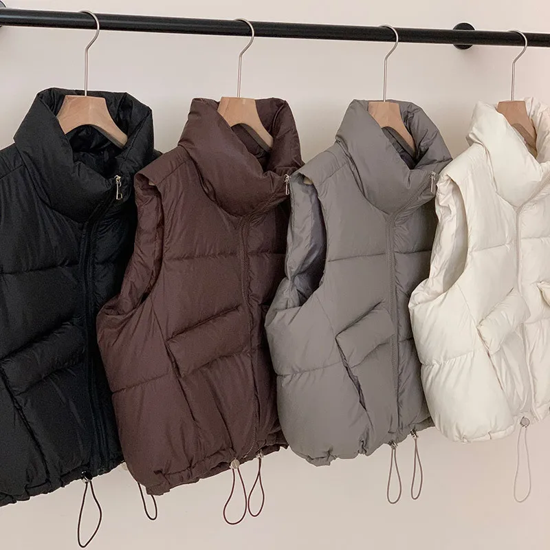 Short Parkas Vest Coat Women Solid Jacket Drawstring Zipper Pocket Stand Collar Slim Fit Casual Office Lady 2025 Autumn Winter