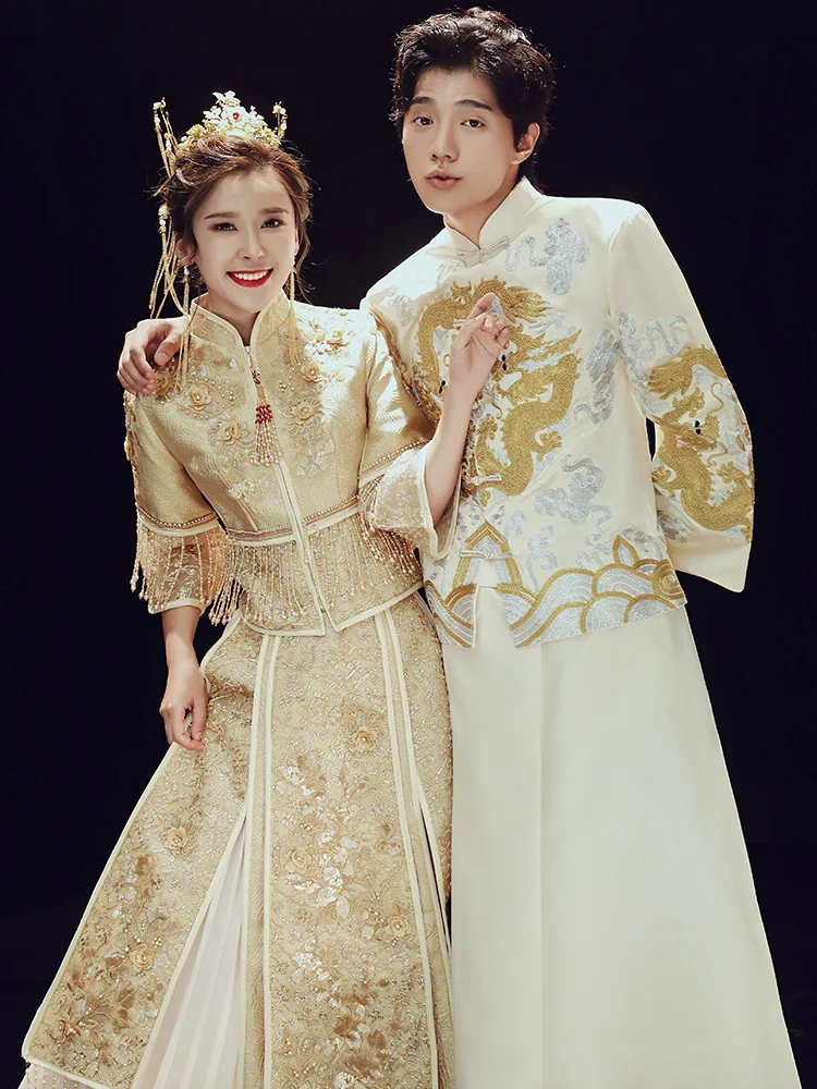 

Yourqipao Oriental Style Champagne Chinese Traditional Wedding Dress Stylish Couple Clothes Cheongsam China китайская одежда