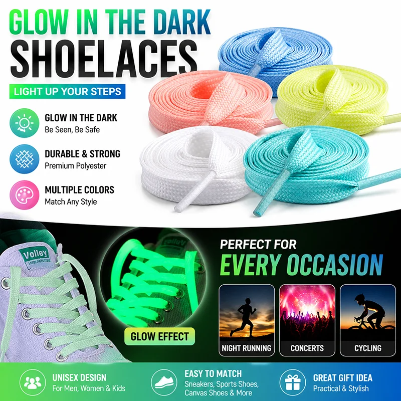 1Pair 120cm Luminous Shoelaces Flat Laces Fashion Sneakers Elastin Shoe Laces Color Fluorescent Shoestrings Shoe Accessories