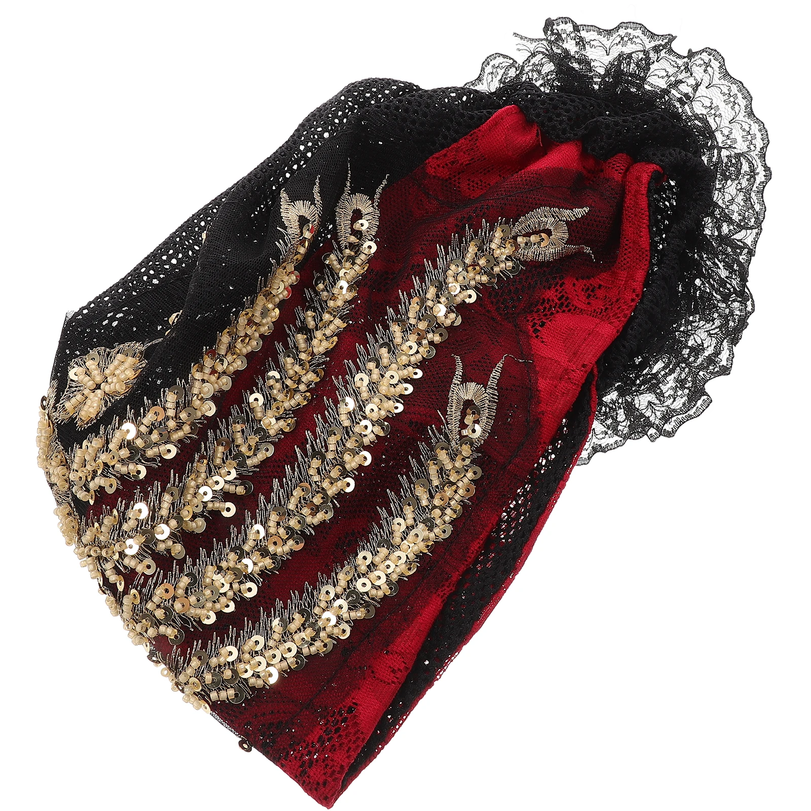 

Has Turban Hat African Head Wrap for Women Headgear Arabian Headpiece Bead Flower Beanie Red Woman