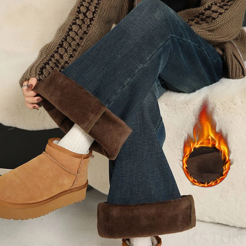 KSTUN 2025, Winter-Damen-Fleece-Jeans, warm, gerades Bein, ausgestellte Hose, hohe Taille, Bell-Bottom-Hose, Vintage-Stretch, verdickt