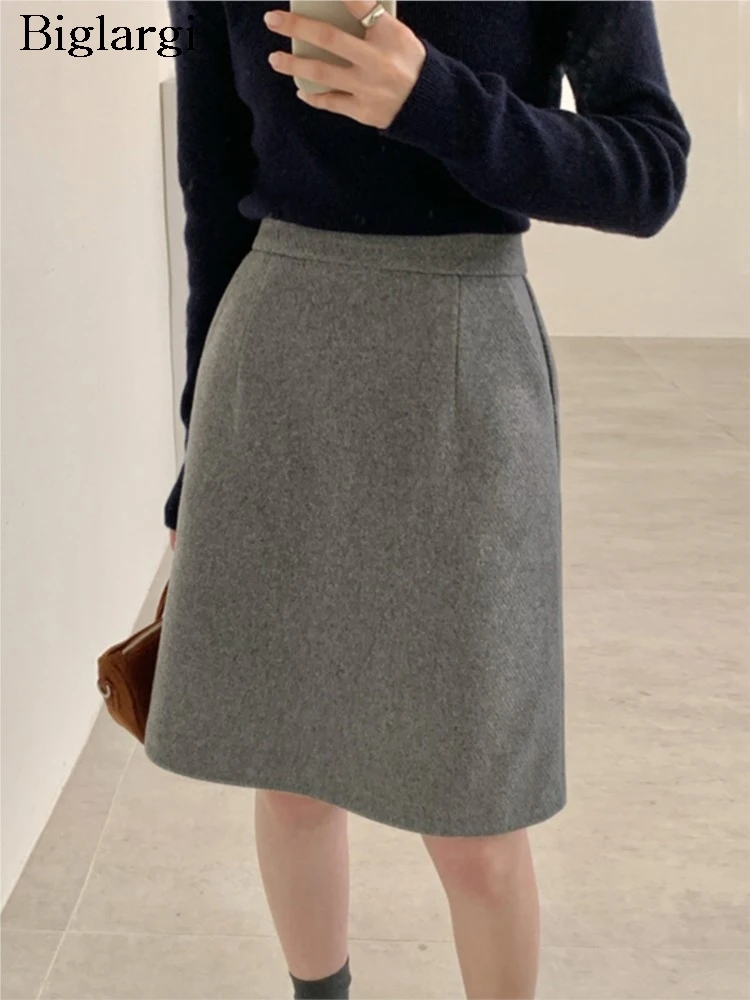 

Autumn Winter Woolen Midi Skirt Women Korean Style Loose High Waist Ladies Skirts Fashion Office Woman Skirt