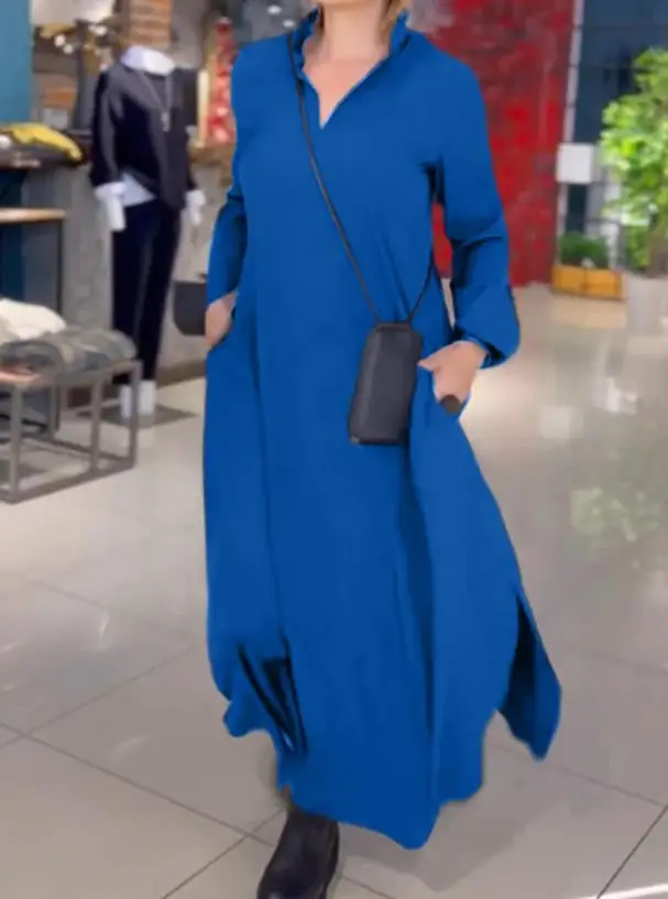 

2025 Spring and Autumn New Casual Solid Color Loose and Slim V-Neck Long Sleeved Dress for Women