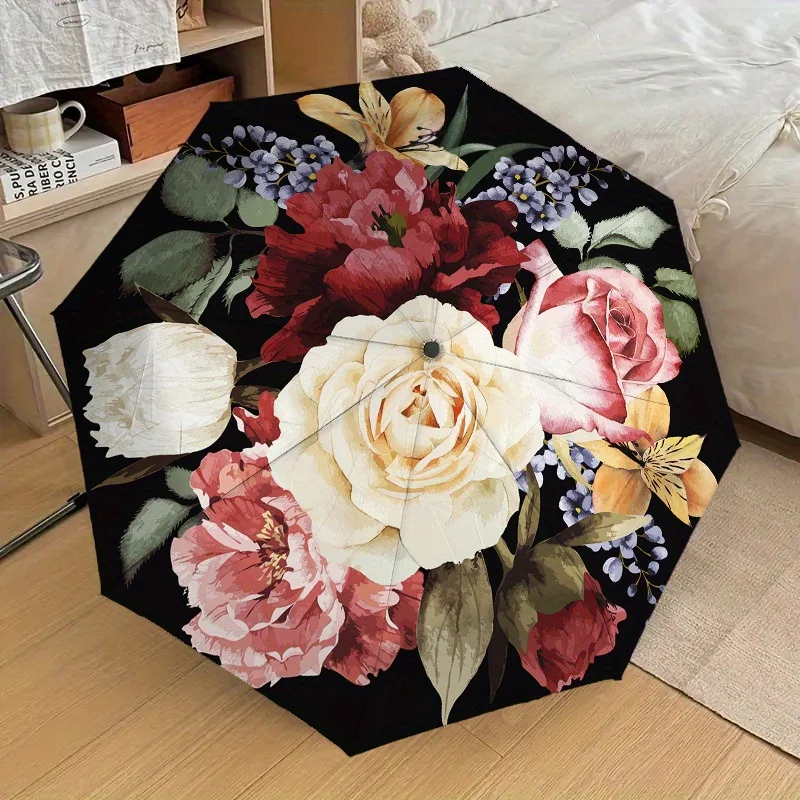 

1pc Automatic Open Umbrella with Floral Bouquet - Red/White/Pink/Blue/Green/Black Floral Pattern on Dark Background, Compact T