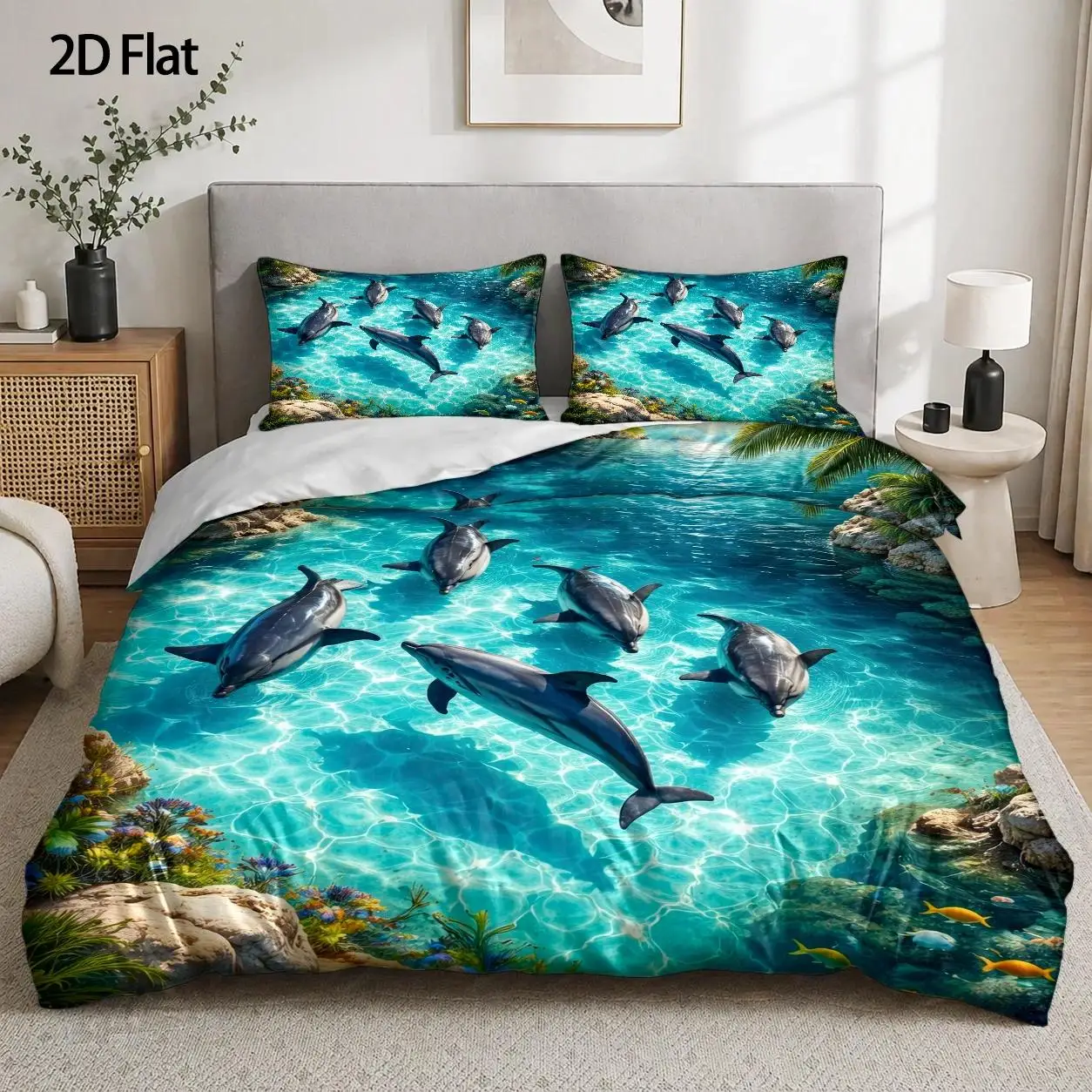3-Piece Quilt Cover Set, 1 Quilt Cover + 2 Pillowcases (Without Filling) 2D Flat Printing, Tropical Ocean Dolphins Swimming, Ultra-Realistic Style, Summer, Refreshing, Dust-Proof, Suitable for All Seasons, Machine Washable, for Home, Dormitory, Master Bedroom, Guest Room Use