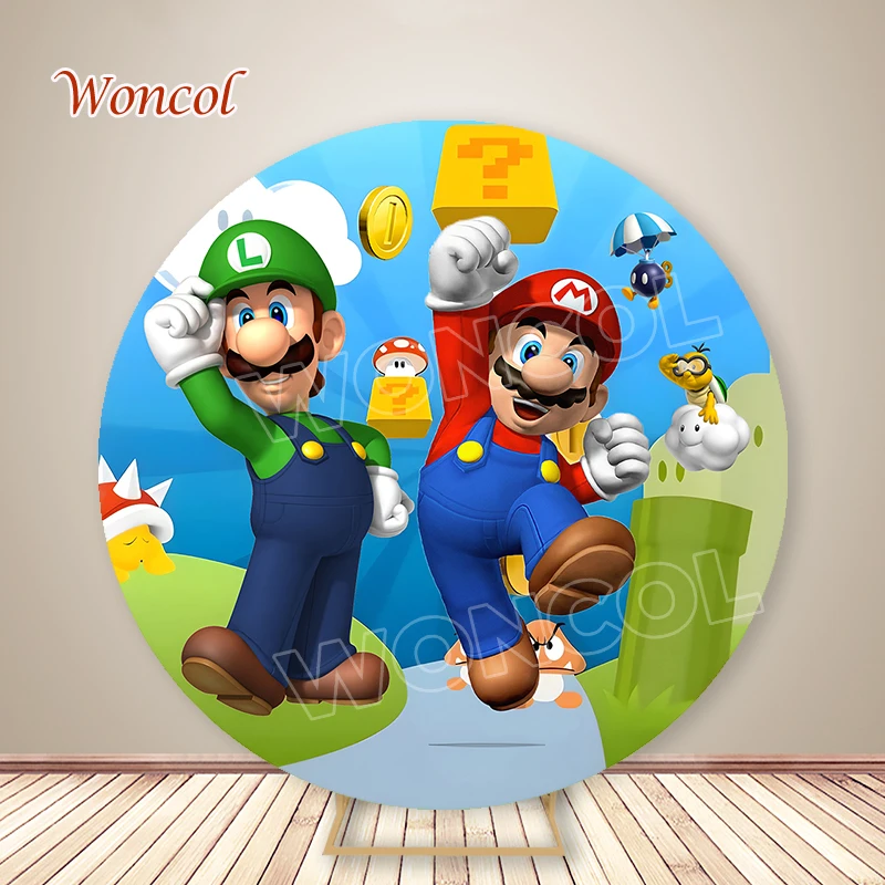 Super Mario Bros Round Cover Mario Luigi Baby Shower Background Yoshi Toad Piranha Plant Cylinder Cover Boy Birthday Party Decor