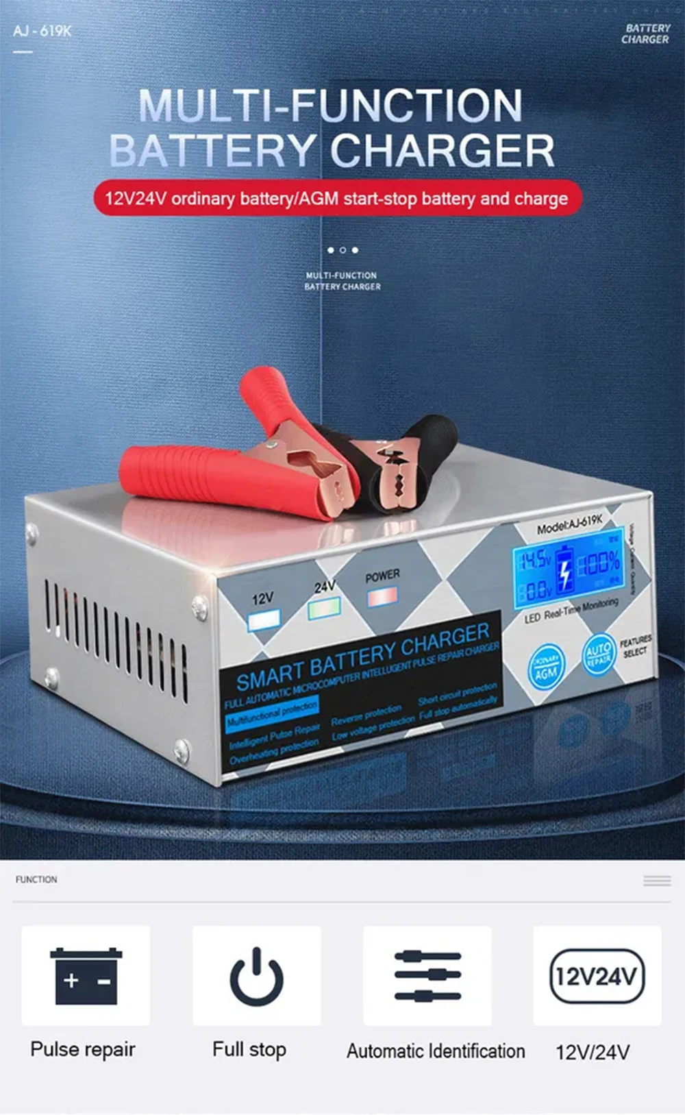 12V 24V Car Battery Charger 6-400AH Motorcycle AGM Lead-acid Battery Start-stop Charger Automatic Repair Boat Charger