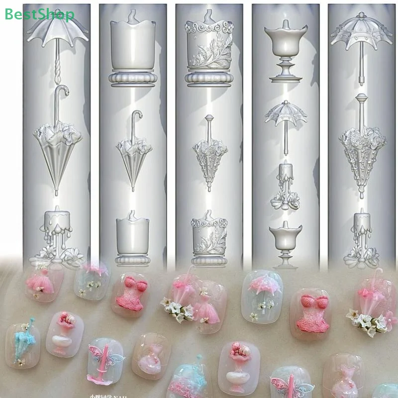 ❤ 3D Silikon Nail Art Form Schmetterling Blume Süße Schleife Perlenkette Design DIY Nail Art Dekor Klare Maniküre Vorlage
