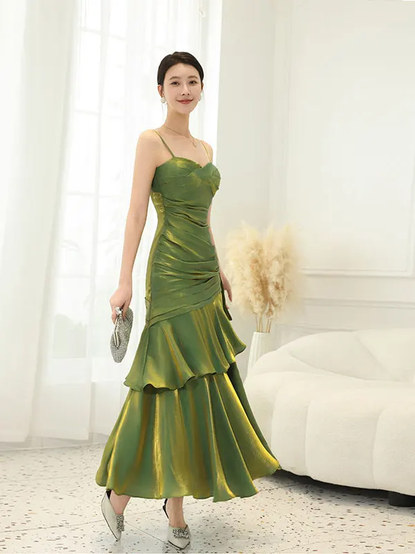 فساتين بحمالات خضراء بدون أكمام لصيف 2025 فستان سهرة طويل فرنسي أنيق فاخر وكشكش مقسم بذيل السمكة النحيف للنساء #4