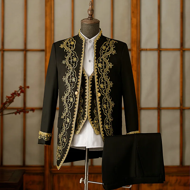 

Men's 3 Piece Suit Stand Collar Gold Embroidery Noble Costume Wedding Party Stage Performance Tuxedo Set