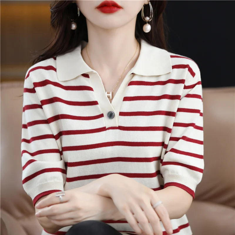 Summer Short Sleeved Women\'s Solid Polo Shirt Casual Cotton Striped Women\'s Top T-shirt Women\'s Clothing 2023 Casual Knitted Top