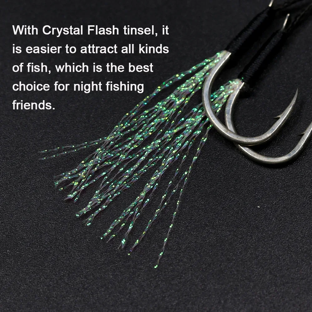 Atacado de aço de alto carbono duplo auxiliar ganchos gabarito metal gancho de pesca de água salgada com cristal flash ouropel fábrica