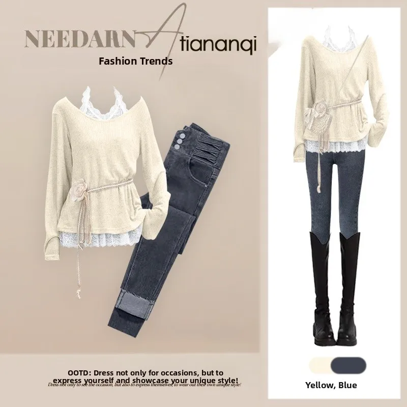

Japanese Sle Dopane Anti-Aging Layered Design Top Spring New Arrival Slimming Jeans Two-Piece Set Long Sve T-irt