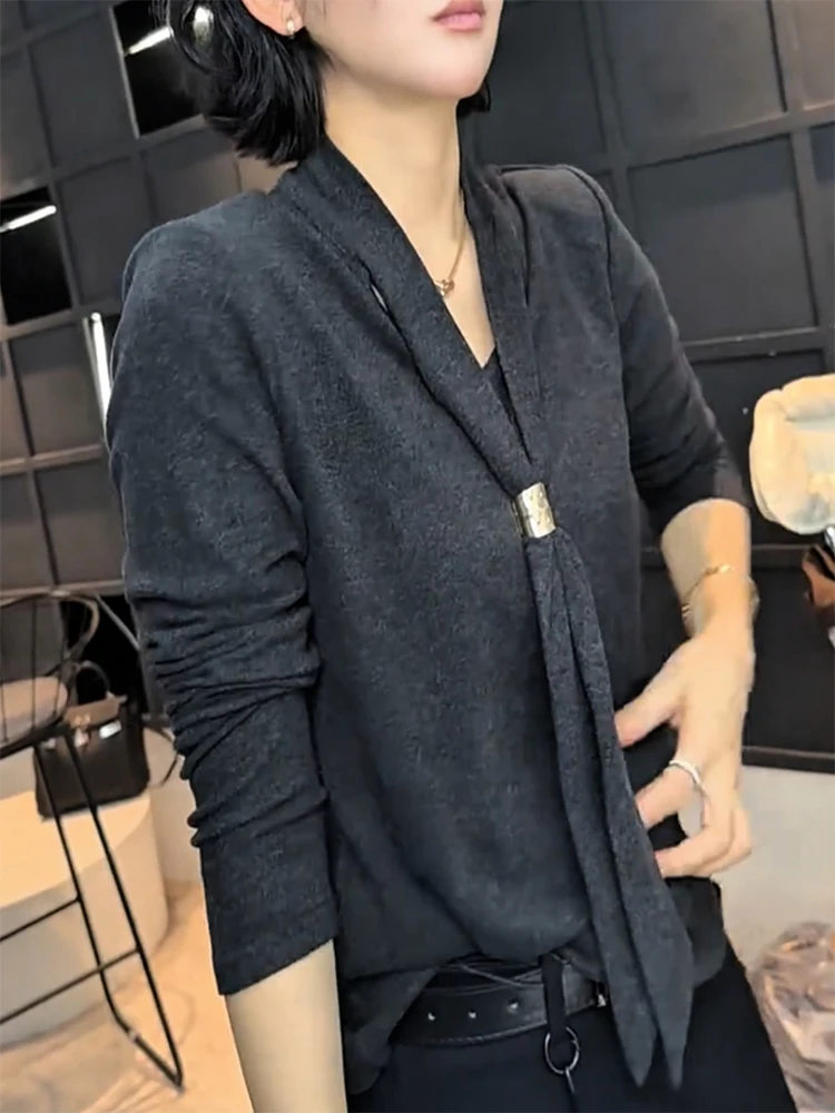 

Корейский вязаный топ с V-образным вырезом для женщин, стройнящий, больших размеров, модный, с поясом, осенне-зимняя новинка, стильный