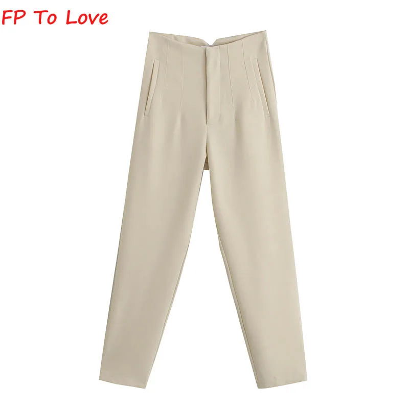 Woman Pencil Pants Elegant Casual High Waist Zipper Trousers Suit 2022 Spring Summer Long Bright Blue Green Beige FP To Love