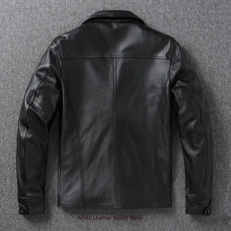 New Top Grain Cowhide Genuine Leather Jacket Men Slim Fit Dispatcher Style Casual Notched Lapel Leather Trench Coat