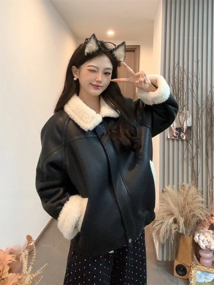 유니크 블라 가죽 자켓 여성용 오리지널 디자인 퍼 칼라 봄 패션 스트리트 스타일 코튼 코트 슬리 외투