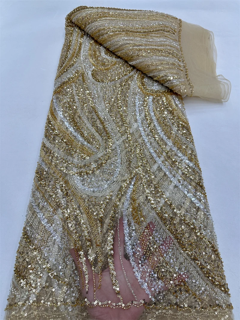 Tissu de dentelle perlée fait à la main africain de luxe, tulle français, paillettes, fête de mariage, haute qualité, 5 mètres, 2024