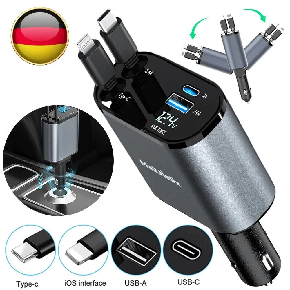 Chargeur rapide USB pour allume-cigare de voiture (120W, câble rétractable 4 ports)