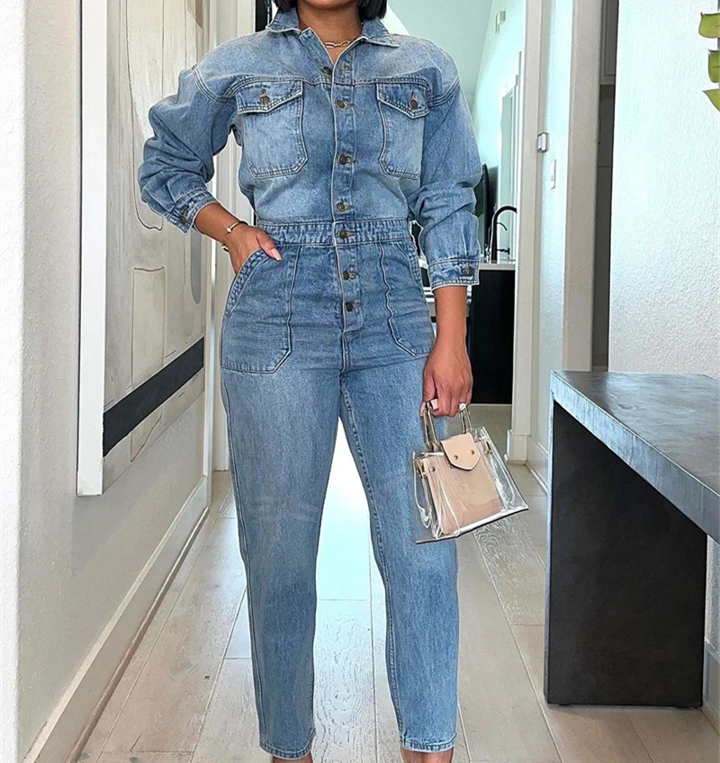 zomight Light Blue Long Sleeve Turn Down Collar Pockets Buttons Cotton Long Denim Jumpsuit Women Full Length Jeans Overalls Lady