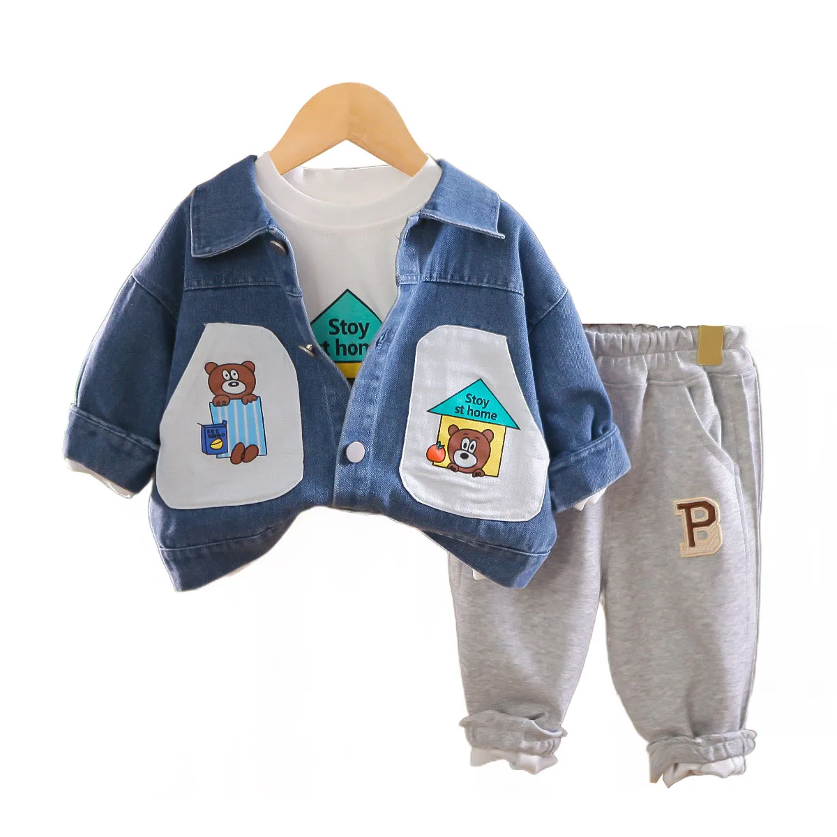 Kids Outfits 2024 Fall Baby Boy Clothes 12 To 18 Months Cartoon Patchwork Pocket Denim Jackets + T-shirts + Pants Boys Tracksuit