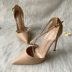 Nude Matte Leather Crossed Straps Pointed Toe Elegant Medium High Heel Evening Dress Shoes Pump Small Plus size 46 Hot On Sale