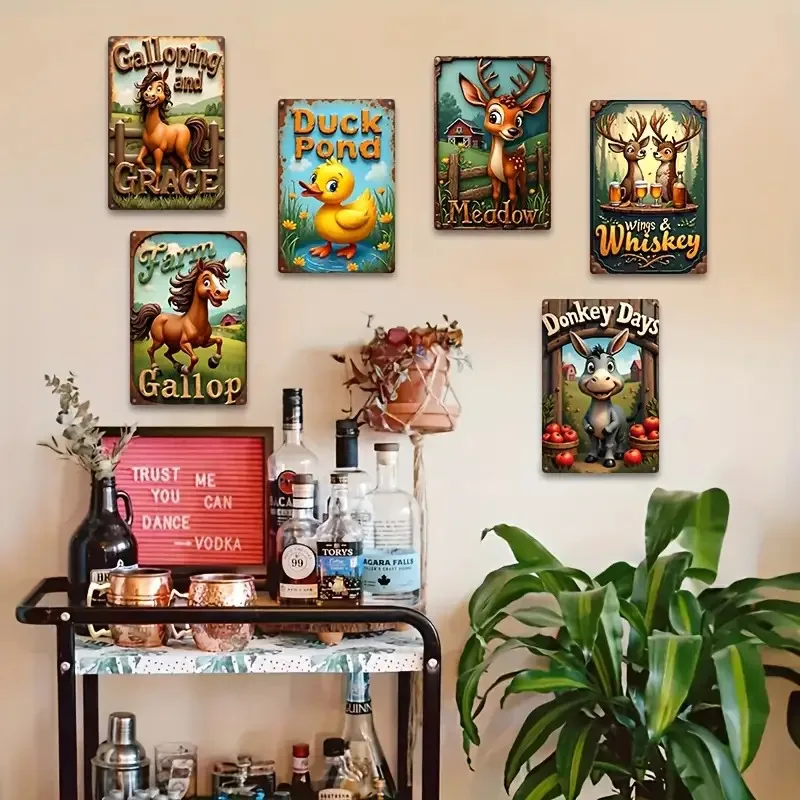 [JIT]6pcs Vintage Farm-Themed Metal Wall Signs- 8.0x12.0inch, Rustic Iron Decor for Kitchen, Bar, Restaurant- 
