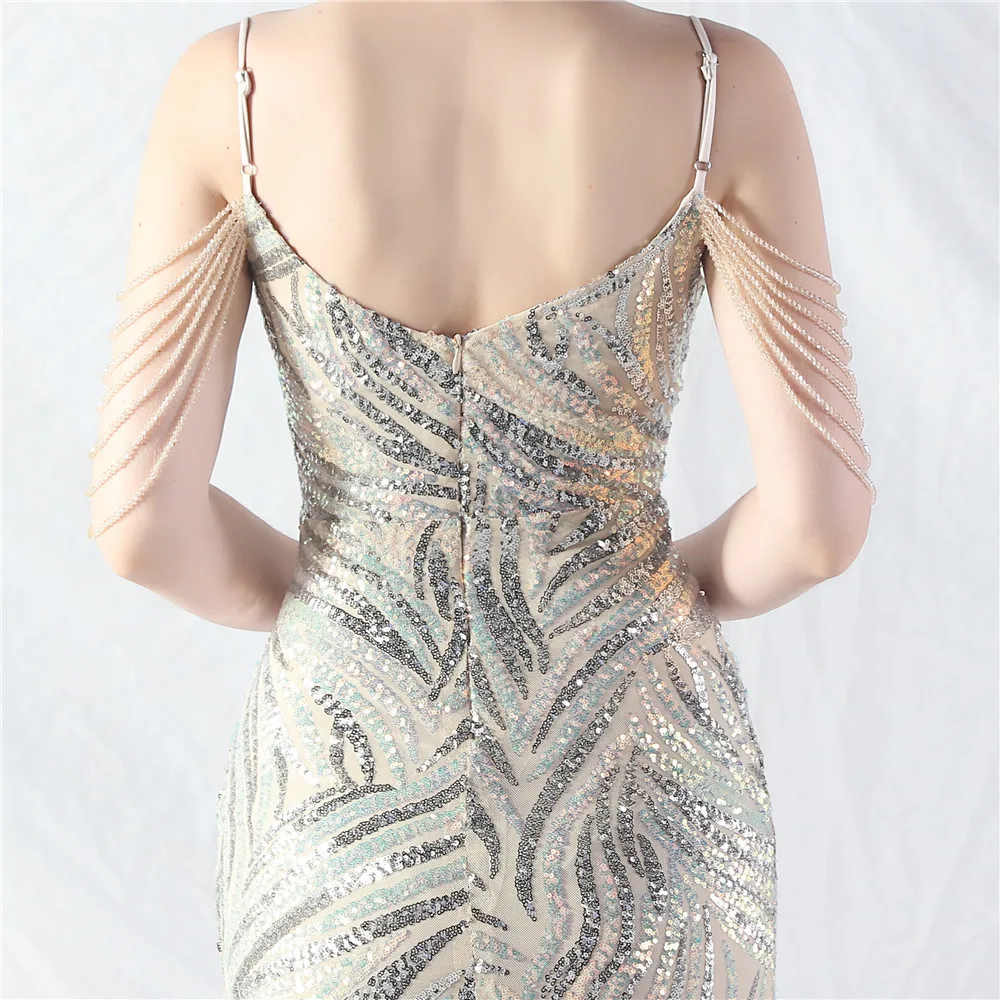 DEERVEADO Luxury Beading Evening Dress Elegant Wedding Party Dresses Woman Mermaid Sequins Dress for Formal Occasion