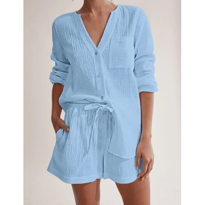 Casual Pocket White Sleepwear Cotton Suits With Shorts Female Lacing Long Sleeves Set Woman 2 Pieces V-Neck Women Pajama Autumn