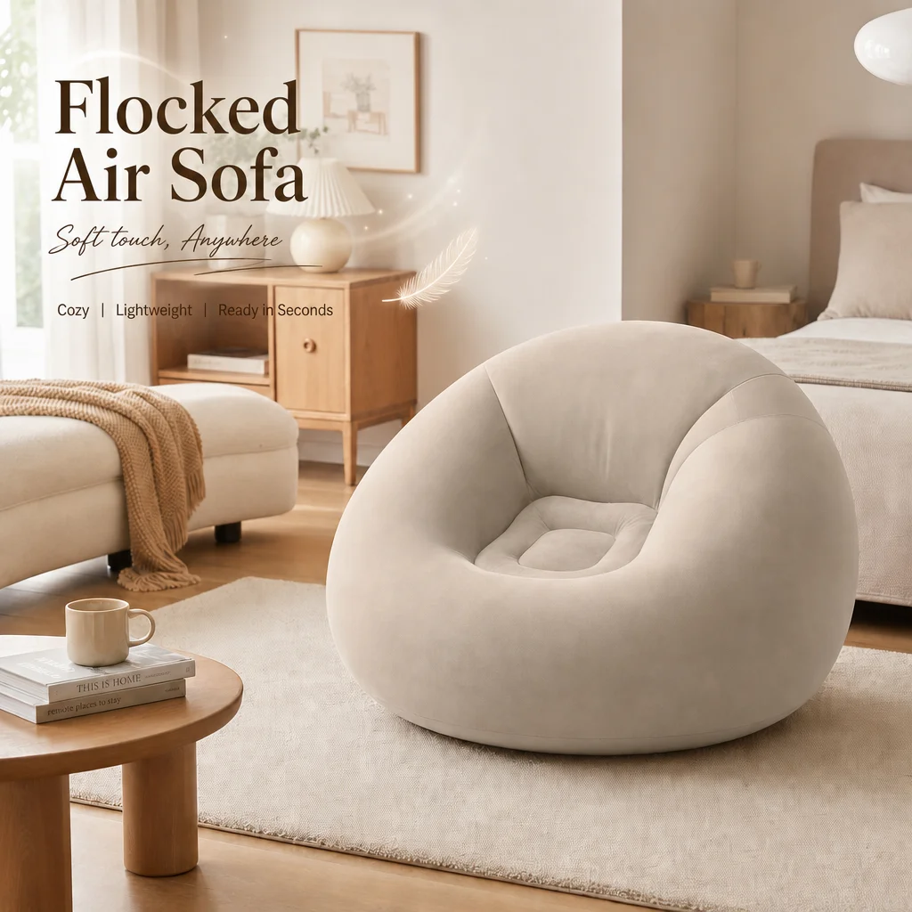 Inflatable Flocked Bean Bag Chair, Portable Air Sofa Lounge Seat for Bedroom Living Room Dorm Reading Gaming Relaxation