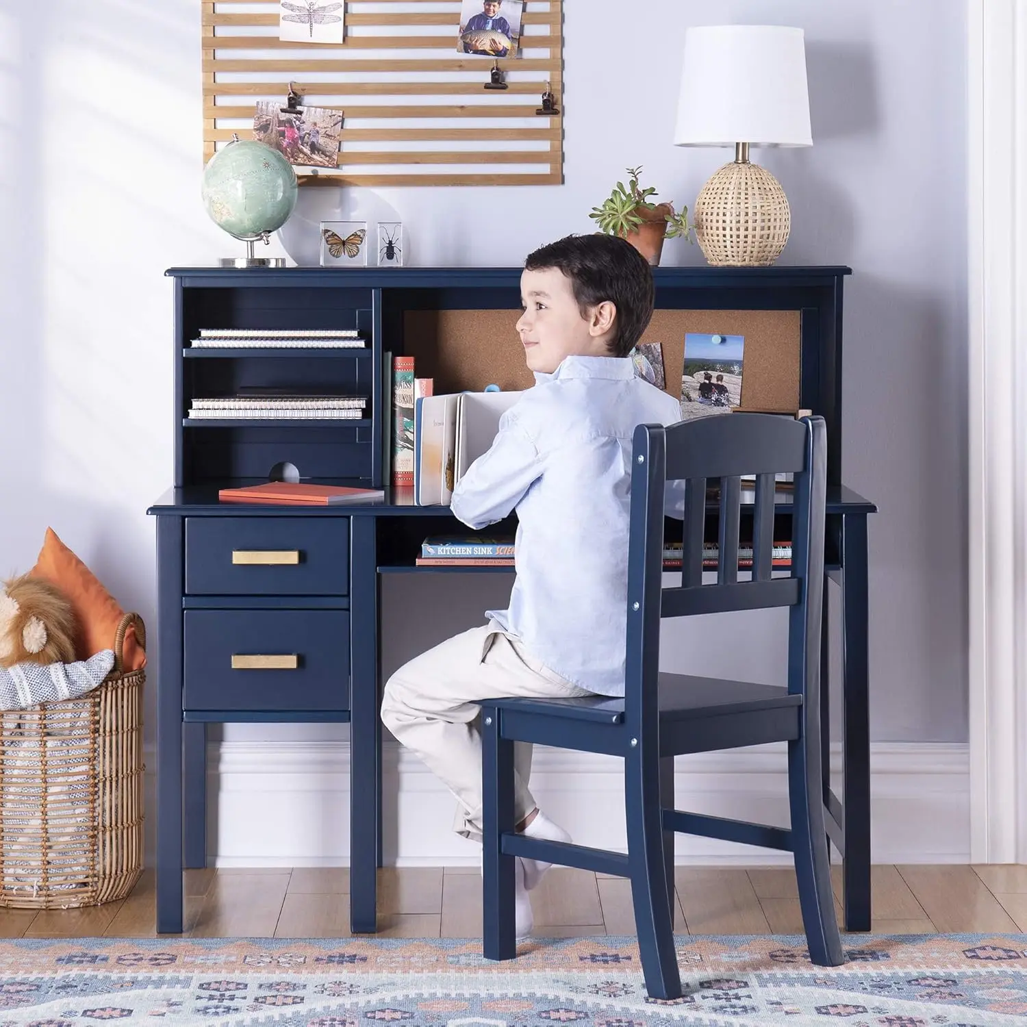 Guidecraft Kids Taiga Desk and Chair Set with Hutch - Navy Wooden Computer Workstation with Storage Drawers and Shelves