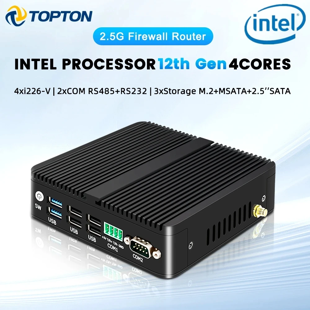 2.5G Firewall Router 12th Gen Intel N100 J6426 4x i225-V LAN 2*COM RS485 RS232 Industrial Fanless Mini PC 2x4K PVE Proxmox Host