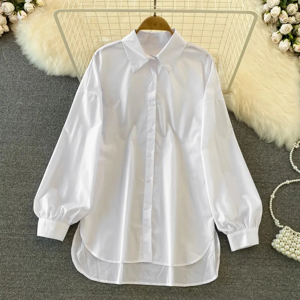 

Women Shirt Solid Blouses Asymmetric Lantern Sleeve Turn Down Collar Single Breasted None Strech Loose Casual 2026 Spring Autumn