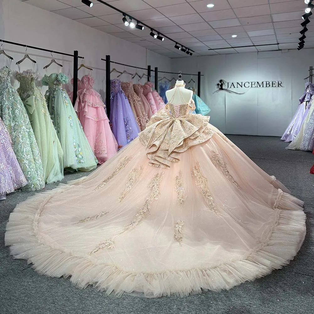 Princess Peach Sweetheart Ball Gown Beaded Lace Customized Quinceanera Dresses Ruffles Court Train vestido de 15 quinceañeras