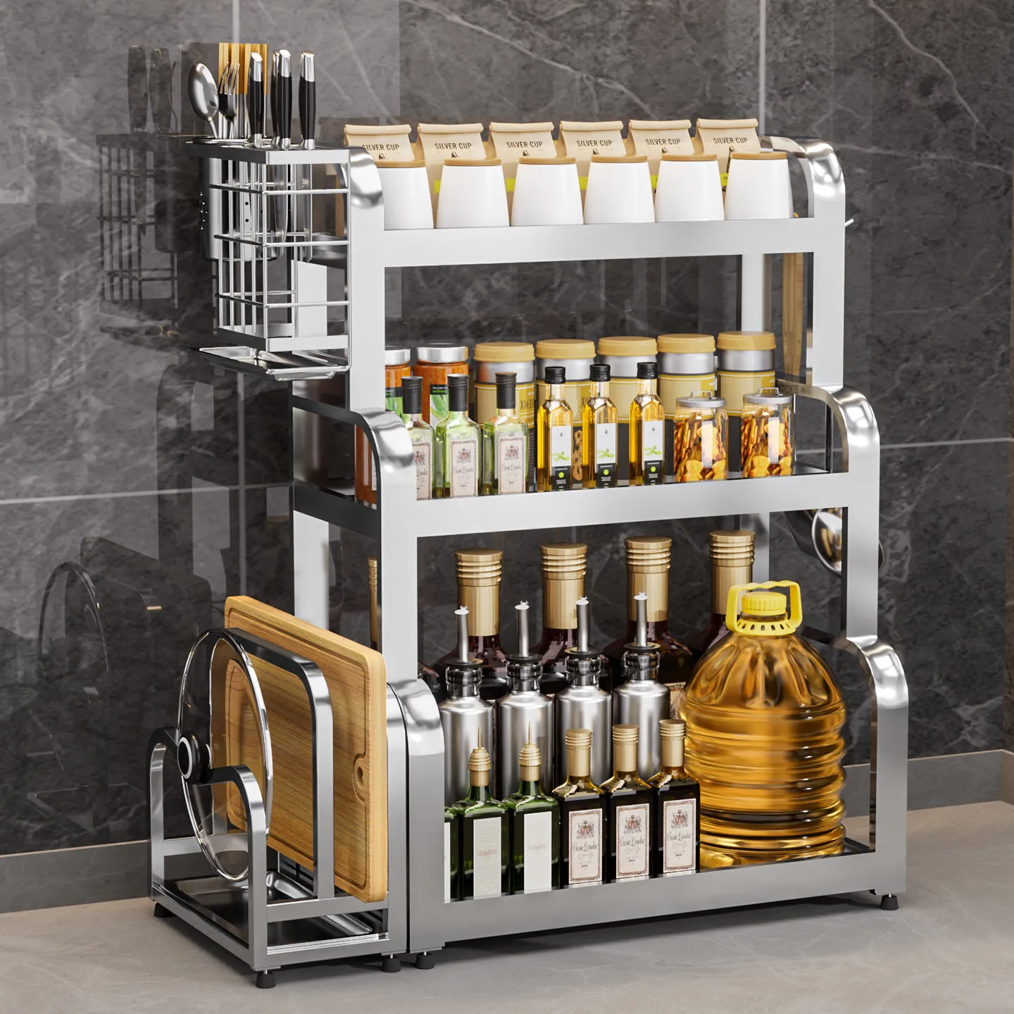 Multifunctional 304 Stainless Steel Kitchen Spice Holder Countertop Storage Shelf for Condiments