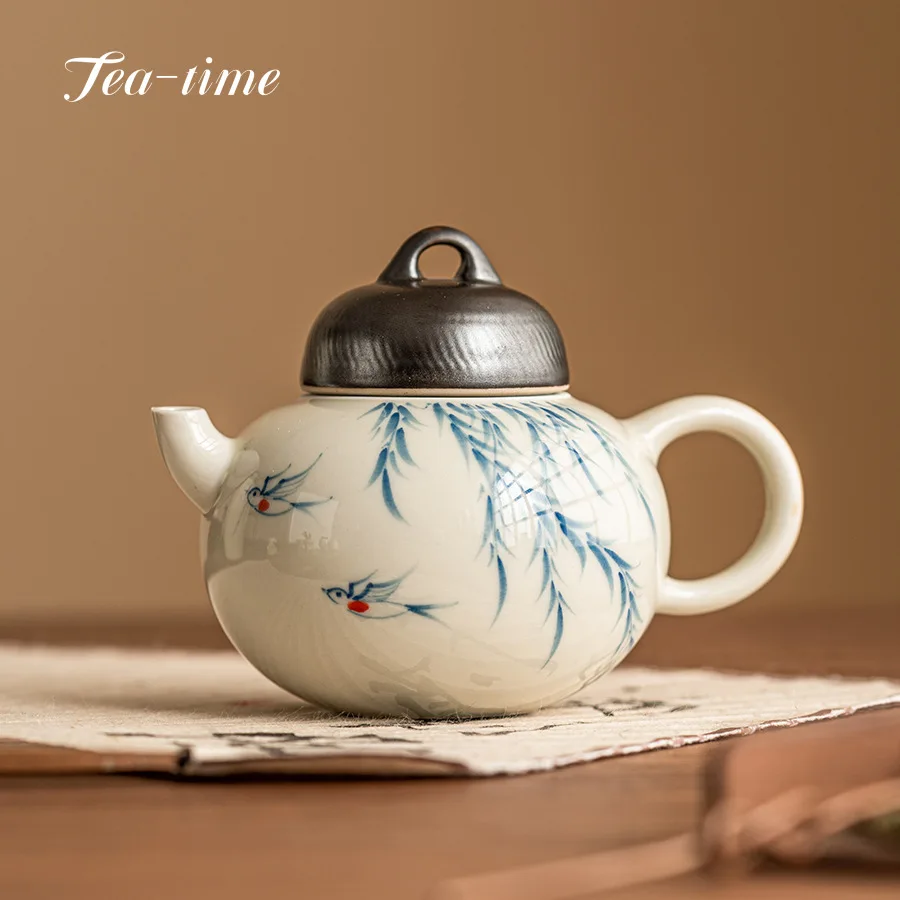 150ml Pure Hand-painted Willow Swallow Teapot with Filter Retro Plant Ash Small Pot Handmade Tea Maker Kettle Kung Fu Teaware