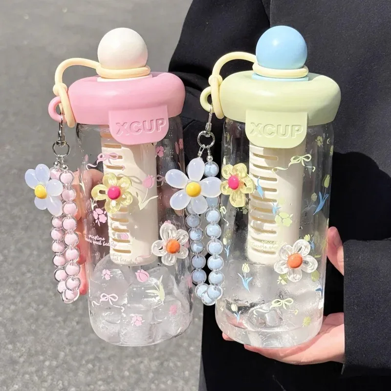 

Cute Bow Flower Tea Glasses With Straw Bottle Cold Coffee Cups Women Glass Tumbler Juice Milk Tea Water Separation Drinkware Cup