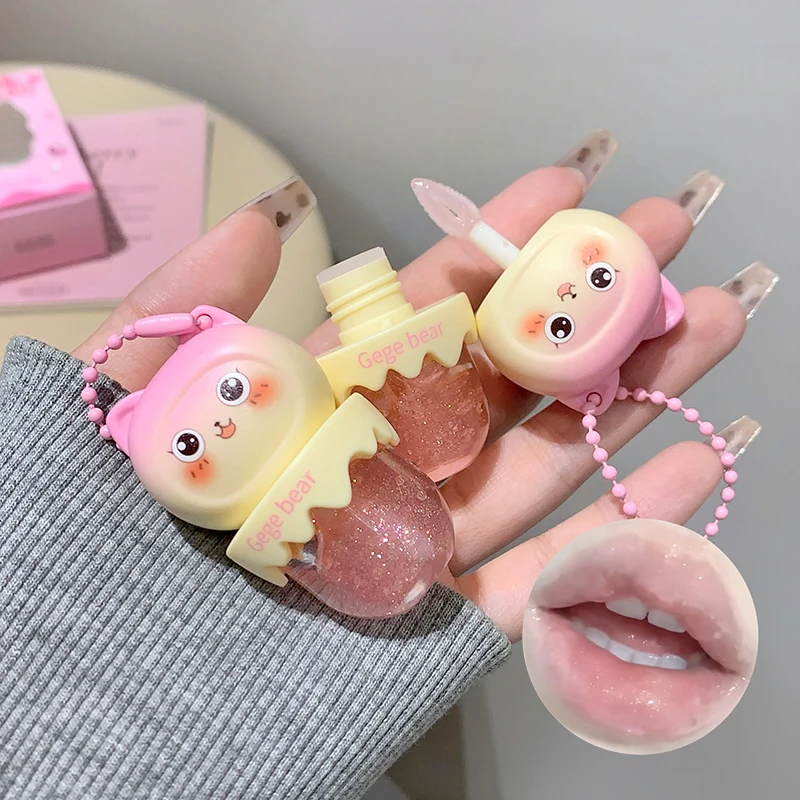 Gege urso bonito fruta óleo labial hidratante shimmer espelho brilho labial plumping hidratante cuidados com os lábios maquiagem batom de cristal transparente bálsamo