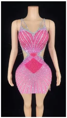 Sparkly Rhinestones Short Dress Summer Backless Women Evening Celebriate Birthday Dress Nightclub Outfit Show Stage Wear