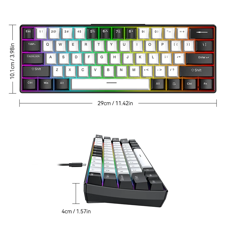 T-WOLF T65 61 Wired Gaming Keyboard Mechanical Feel RGB Backlit Type-C Detachable Cable Compact 65% Layout Hot Swappable Keycap