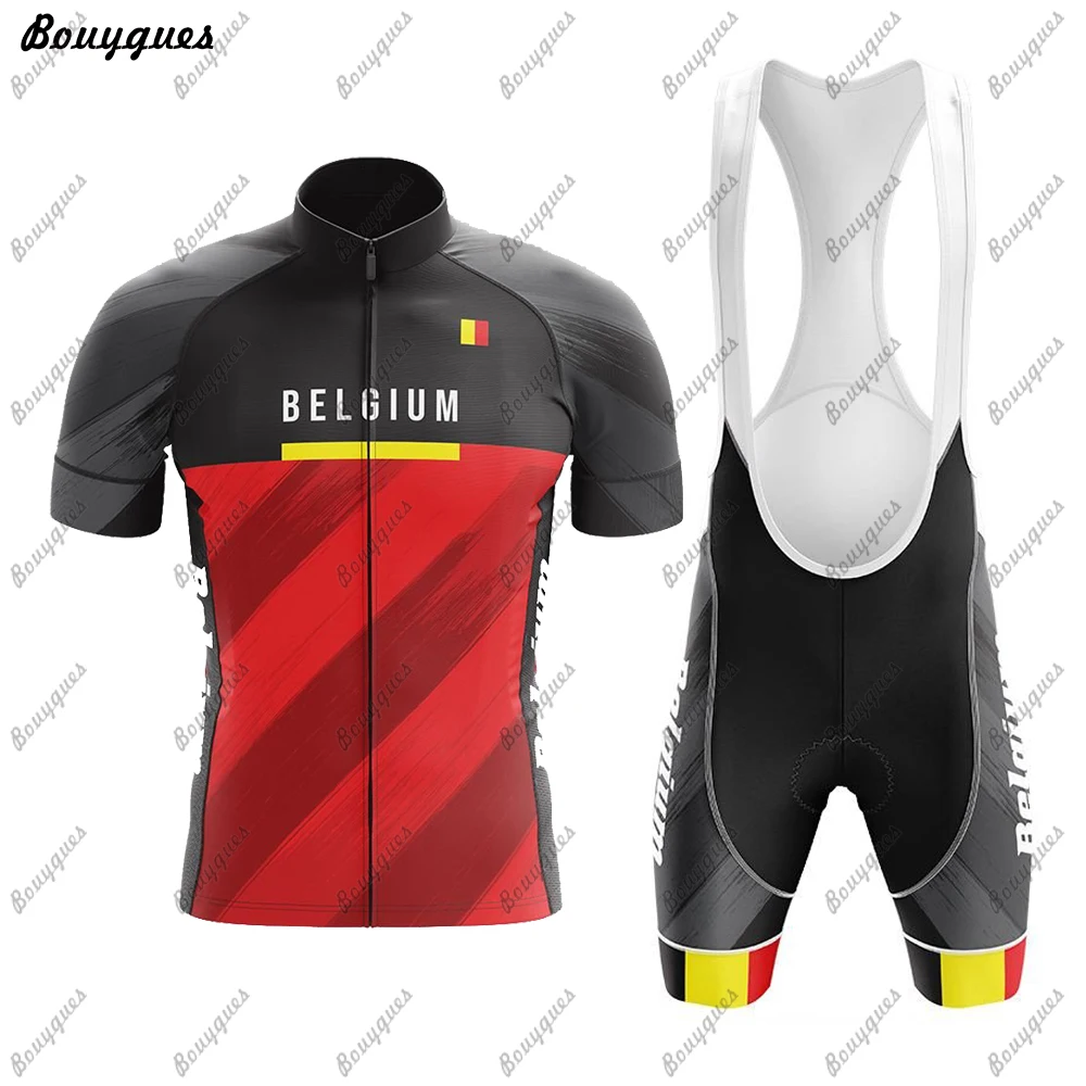 Maglia da ciclismo da uomo della squadra belga colore rosso e nero maglia da bicicletta traspirante antivento Set abbigliamento da bici sportivo