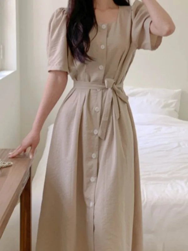 

Summer 2025 Women's Square Collar Single Button Bubble Sve Dr Korean Sle Agel Personali Skirt Faionable Outfit