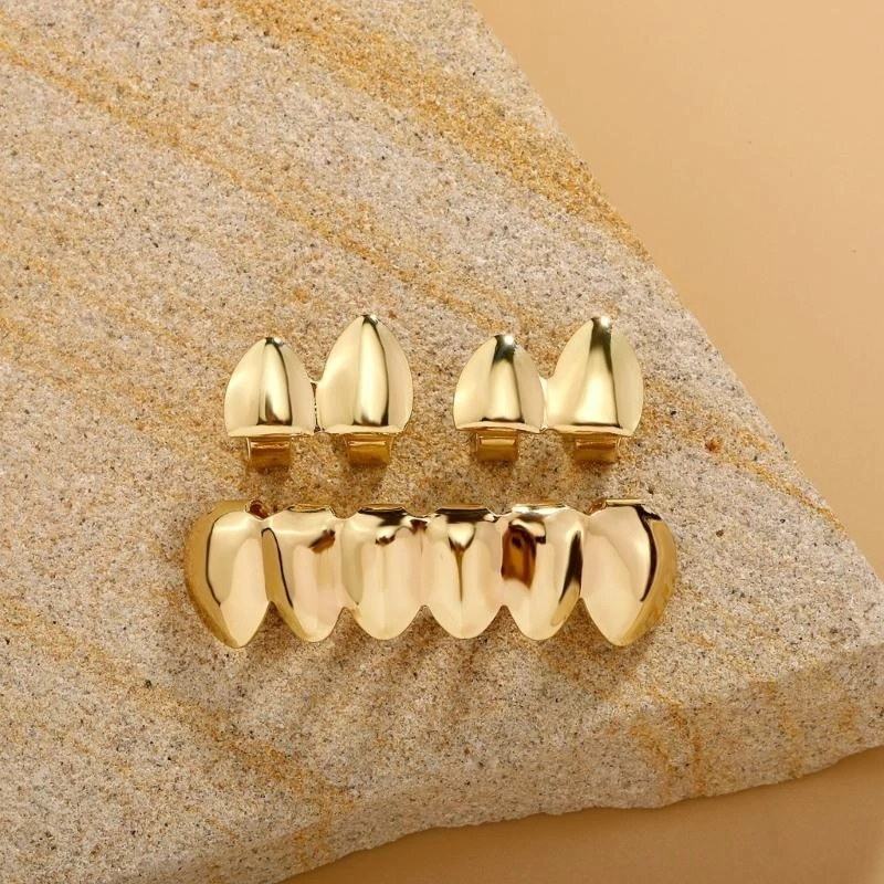 Cool Hip Hop Inspired Teeth Grillzs Set Alloy Teeth Caps Set Glossy HipHop Fashion Upper Lower Grillzs Adjustable Size