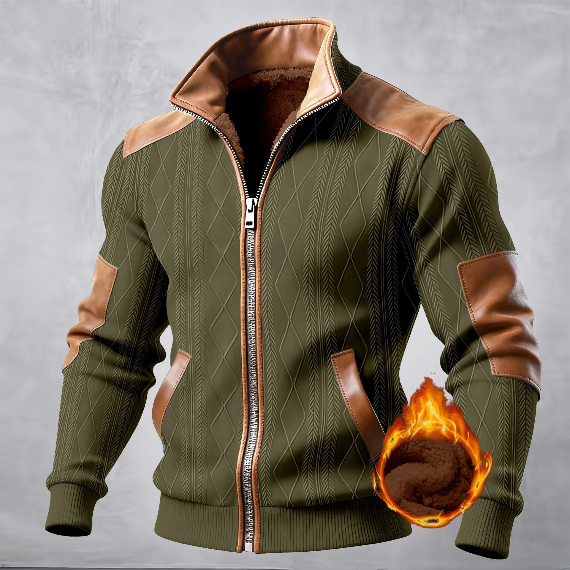 Winterjacke für Herren mit dickem Sherpa-Futter, Reißverschluss, geprägtem Jacquard-Gewebe, PU-Einsätzen, Stehkragen, Vintage-Casual-Oberbekleidung. – Detail 3