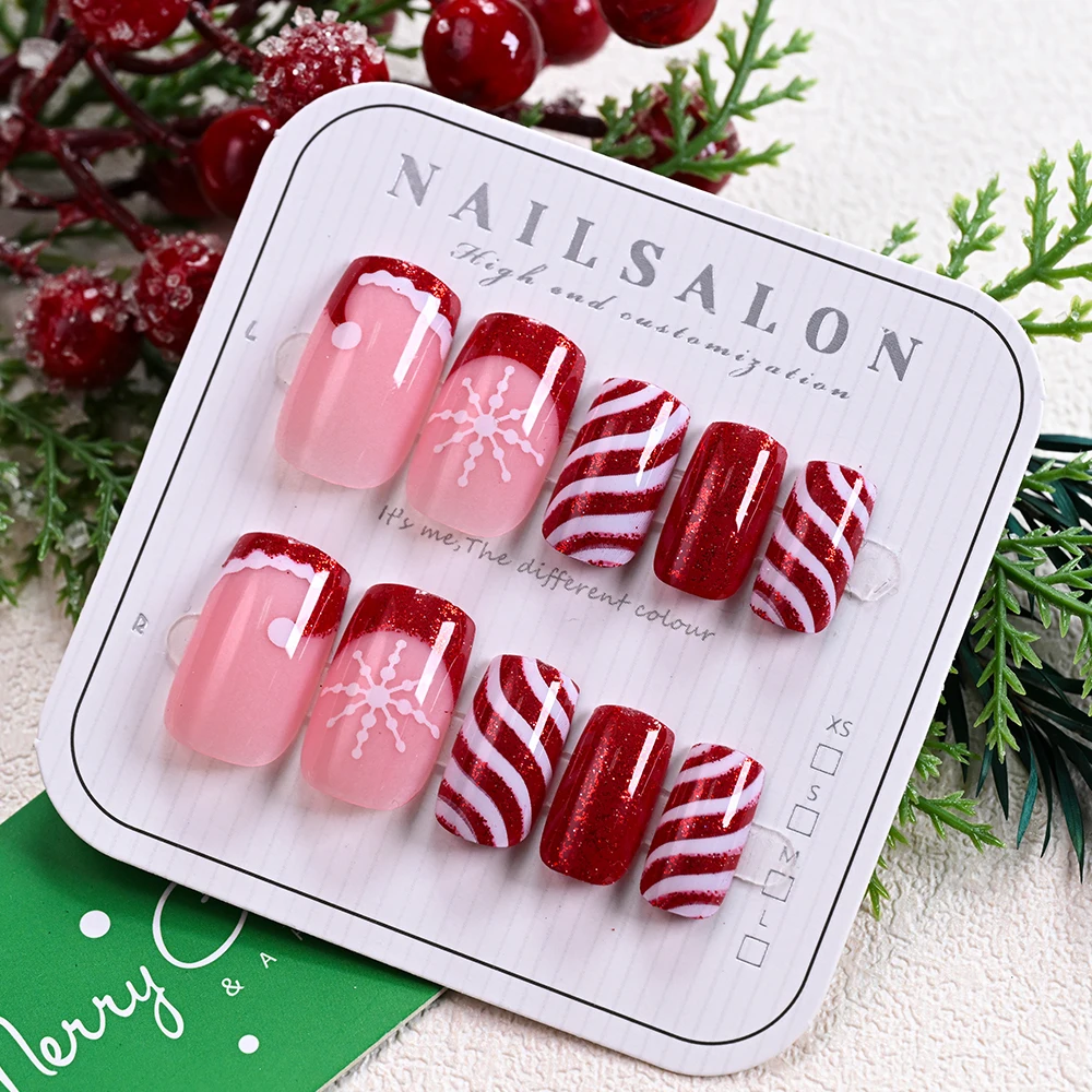 24Pcs Christmas Wine Red Snowflakes False Nails DIY Snowflake Santa Claus Press On False Nails Tip Glitter Stripes Fake Nails