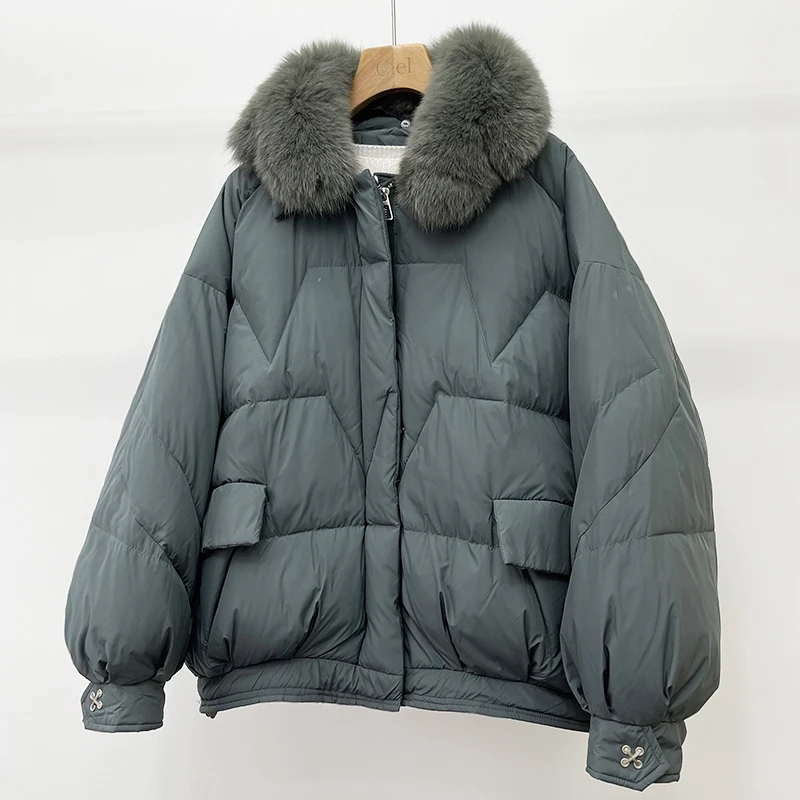 Winter New Large Fox Fur Collar Hooded Light Feather Jacket Women 90% White Duck Down Short Coat Warm Puffer Green Outwear