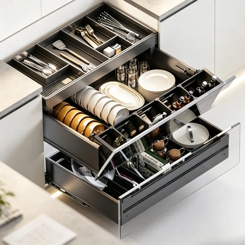 Sliding Kitchen Cabinet Pull Basket,3-Drawer Organizer Rack for Spices Cookware,Soft-close Storage Shelf with Smooth Glide Rails