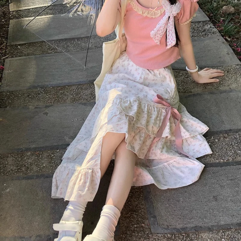 Japanese Original New Women's Clothing 2025 Summer Irregular Bow Long Dress Lace-up Floral Sweet Cute Versatile Skirts Ladies