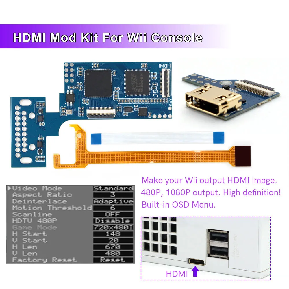 

HISPEEDIDO 1080P для Wii с поддержкой HDMI, встроенные цифровые модули PCB для преобразования цифрового сигнала в цифровой, 3 режима вывода видео.