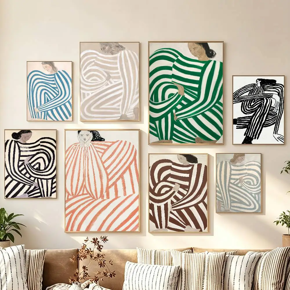 Abstract Line Curve Striped Clothes Woman Poster Self-adhesive Art Room Entrance Restaurant Wall Decor Art Painting